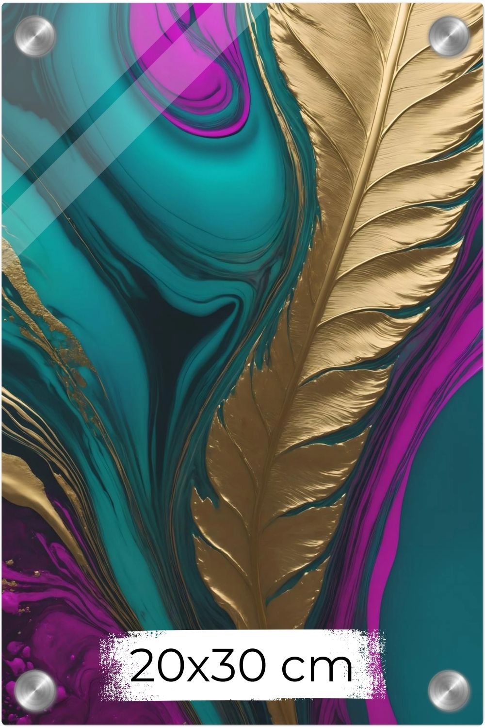 Abstraktes Wandbild mit einer großen goldenen Feder vor einem Hintergrund aus flüssigen Farbverläufen in Türkis, Blau und Magenta. Acryl 20x30 cm
