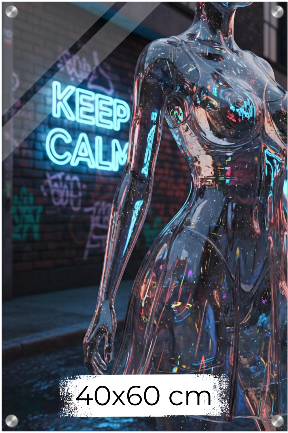 Wandbild einer transparenten Frauenfigur aus Glas vor einer Backsteinwand mit blauem 'Keep Calm' Neonschild. Acryl 40x60 cm