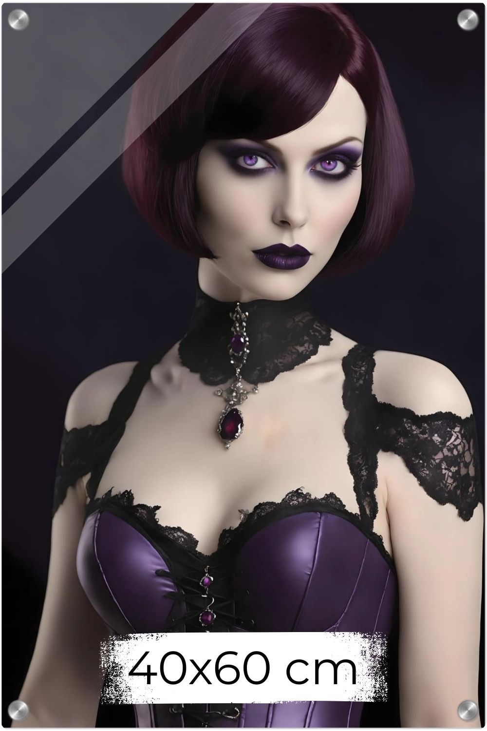 Edles Porträt einer Frau im Gothic-Stil mit violetten Augen, lila Satin-Korsett und schwarzer Spitze vor dunklem Hintergrund. Acryl 40x60 cm