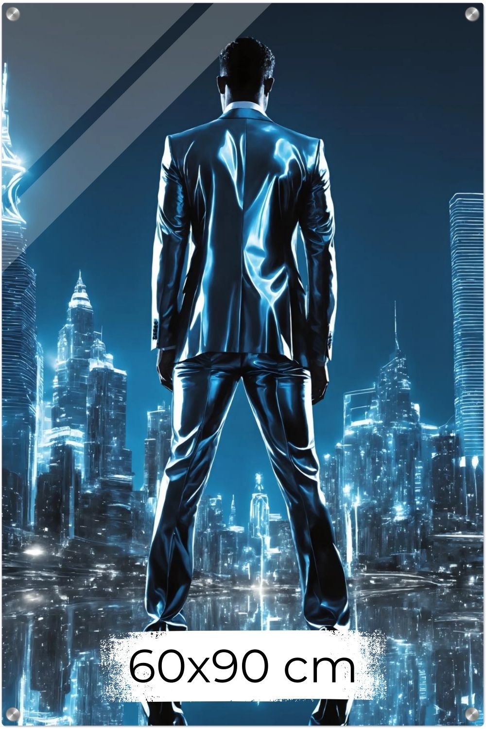 Erfolg visualisiert: „Liquid Ambition“ zeigt einen Mann in Metall-Optik vor einer strahlenden Skyline. Kraftvolle Kunst für Ihr Büro bei Gudekind. Acryl 60x90 cm