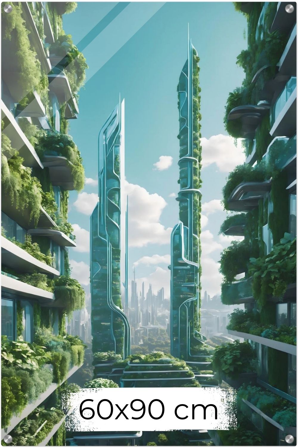Die Stadt der Zukunft: „Urban Utopia“ vereint moderne Architektur mit üppiger Natur. Ein visionäres Wandbild für Ihr Zuhause. Jetzt bei Gudekind bestellen. Acryl 60x90 cm