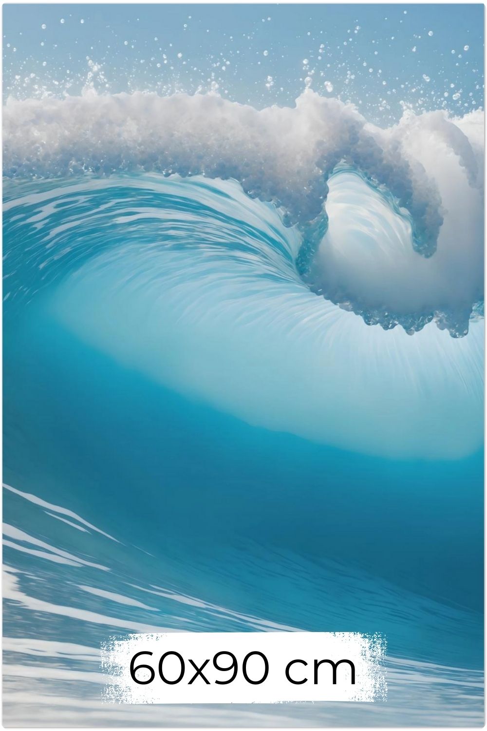 Hochwertiges Wandbild einer großen, brechenden Meereswelle in hellem Türkis mit weißer Gischt unter klarem Himmel. Dibond 60x90 cm