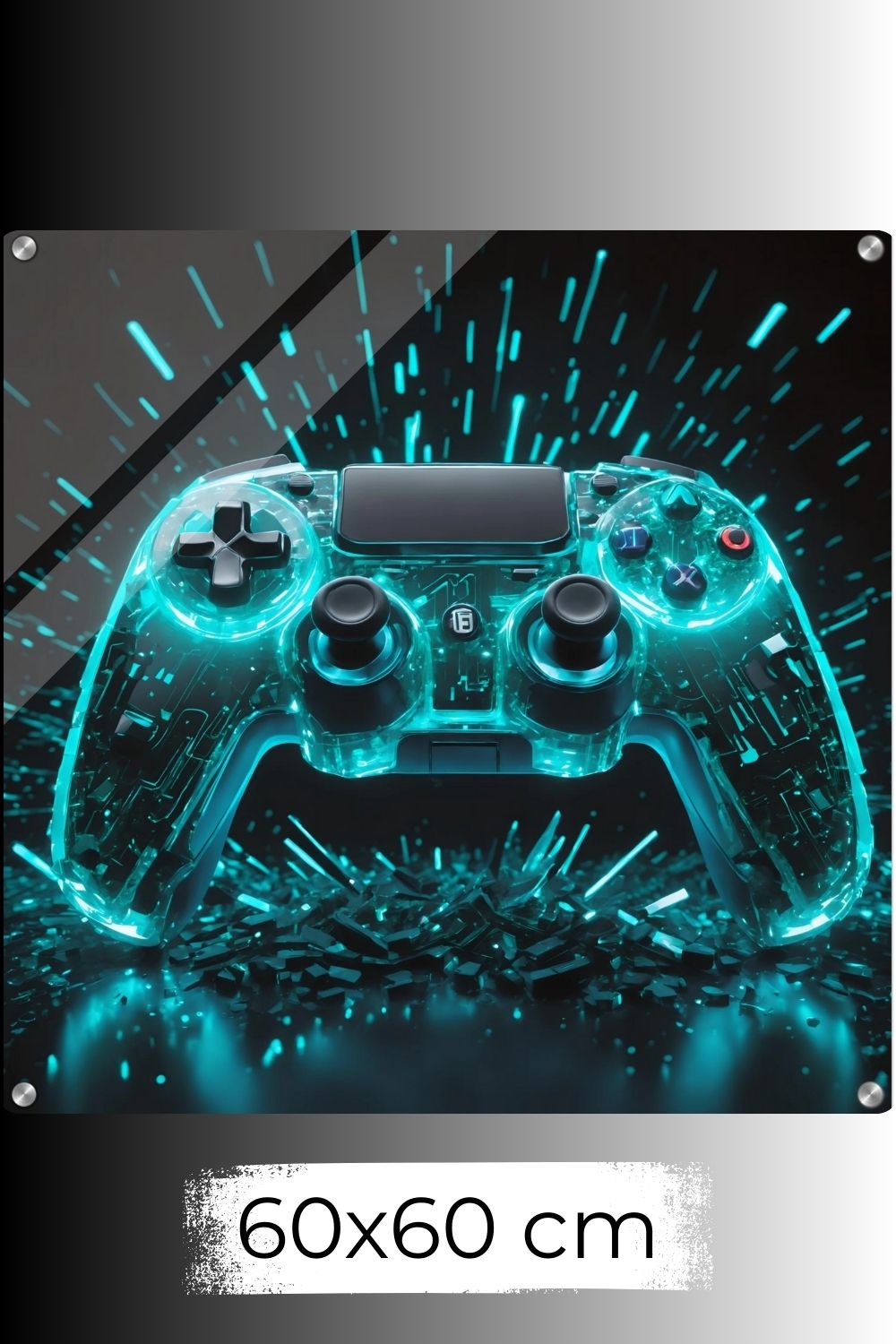 Futuristisches Wandbild eines transparenten Gaming-Controllers, der von innen heraus in hellem Cyan-Blau leuchtet, vor einem dunklen Hintergrund mit Lichteffekten. Acryl 60x60 cm