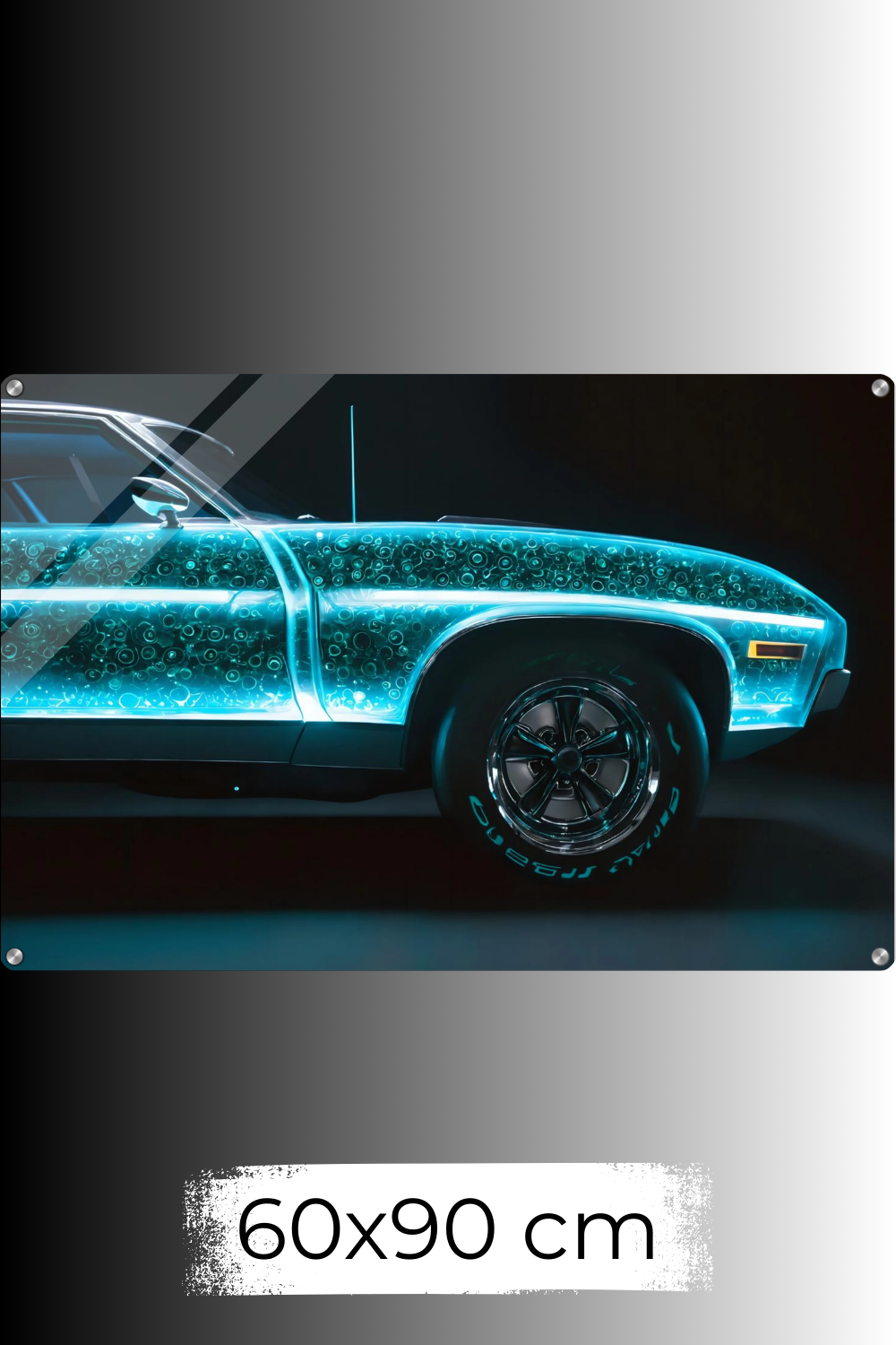 Tradition trifft Zukunft: „Neon Heritage“ zeigt ein klassisches Auto mit leuchtendem High-Tech-Kern. Einzigartiges Design für Technik-Fans bei Gudekind. Acryl 60x90 cm