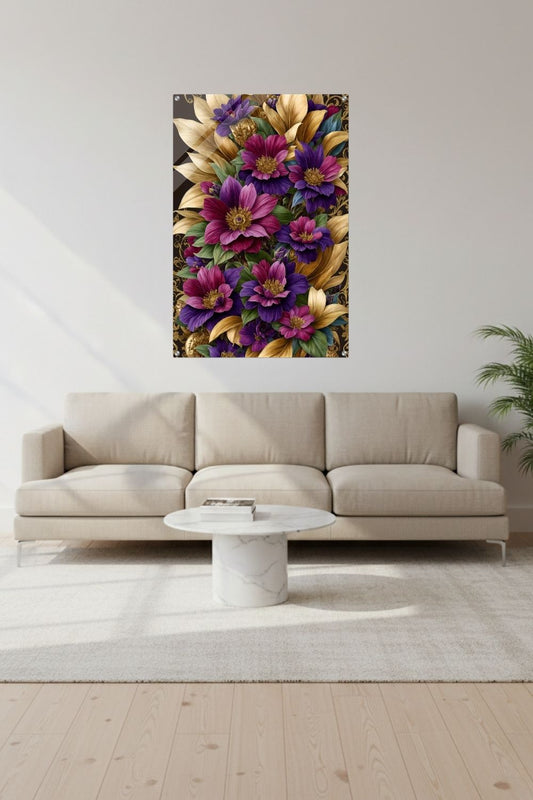 Florale Pracht trifft auf Luxus: „Imperial Blossom“ fasziniert durch goldene Blätter & violette Blüten. Jetzt als exklusives Wandbild bei Gudekind entdecken. Acryl