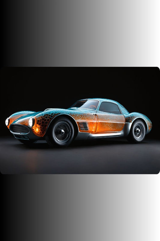 Digitales Kunstwerk eines klassischen Sportwagens mit einer transparenten, bernsteinfarbenen Karosserie und blauen Lichtreflexen. Acryl