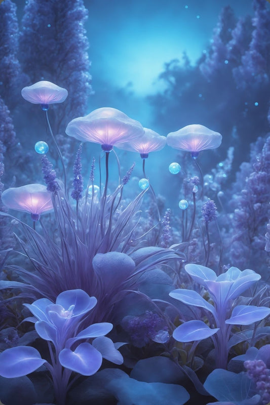 Digitales Kunstwerk einer fantastischen Waldlandschaft mit biolumineszenten, blau leuchtenden Pilzen und Blumen in sanftem Licht. Acryl