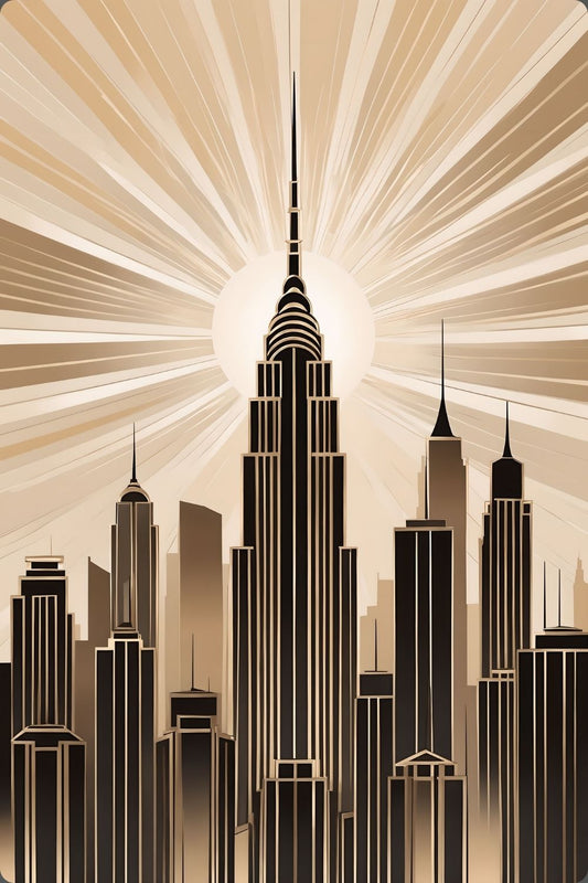 Zeitlose Eleganz: „Empire Radiance“ bringt den Glamour der 20er Jahre als modernes Skyline-Wandbild in Ihr Zuhause. Jetzt exklusiv bei Gudekind bestellen. Brushed