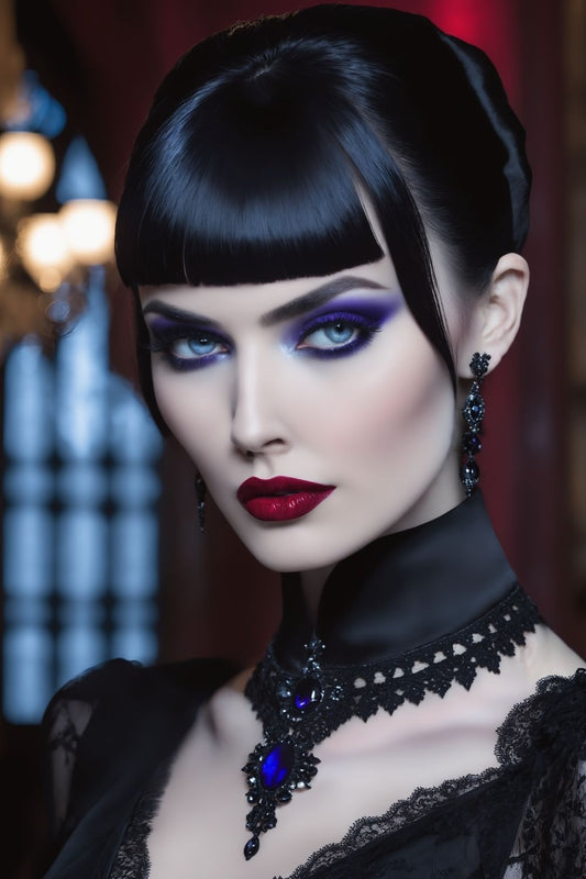 Nahaufnahme einer Frau mit kurzem Pony, lila Lidschatten, roten Lippen und schwarzem Schmuck mit blauen Edelsteinen. Acryl