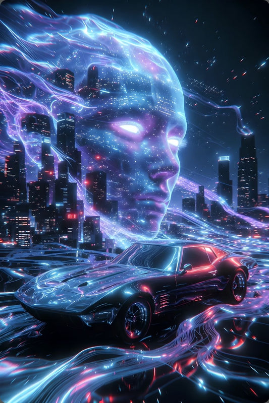 Cyberpunk-Wandbild mit einem Sportwagen auf leuchtenden Datenbahnen vor einer Skyline und dem digitalen Gesicht einer künstlichen Intelligenz. Acryl