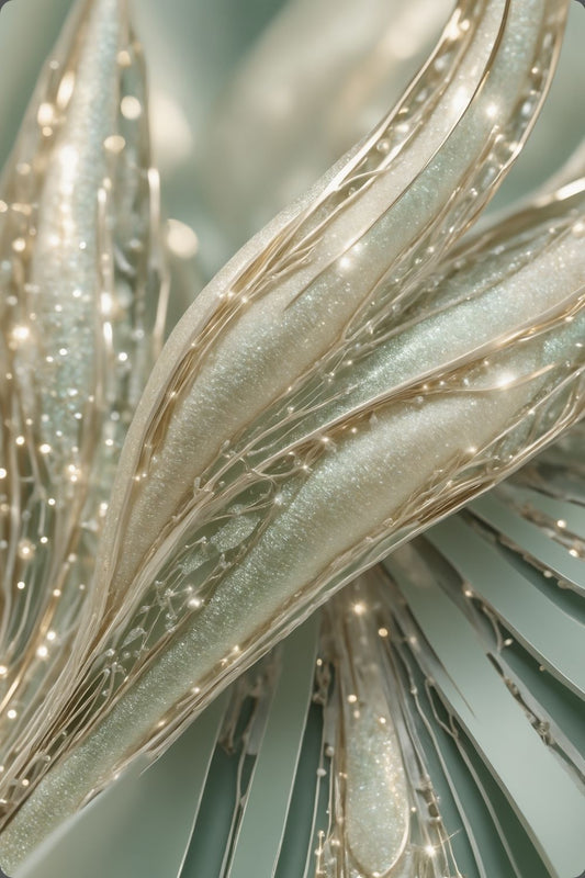 Abstraktes Kunstwerk mit organischen, cremefarbenen Strukturen, glitzernden Kristalldetails und weißen Perlen. Acryl