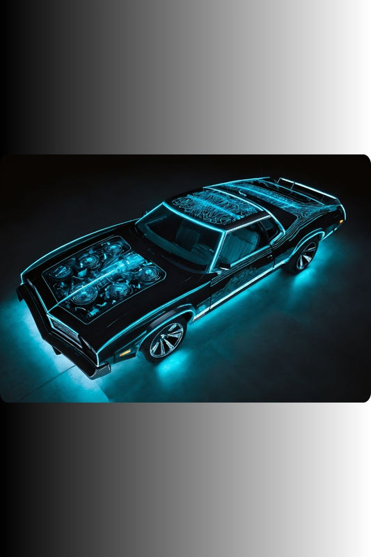Digitales Kunstwerk eines schwarzen Muscle Cars mit leuchtend türkisen Neon-Umrisslinien und beleuchtetem Motor. Acryl