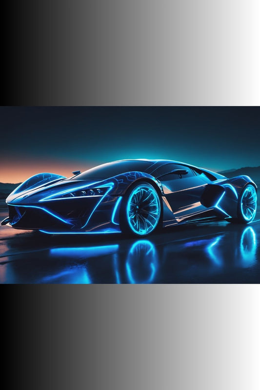 Futuristisches Hypercar-Wandbild in Schwarz mit leuchtend blauen Neon-Konturen und glühenden Felgen auf nasser Fahrbahn bei Nacht. 60x90 cm. Acryl