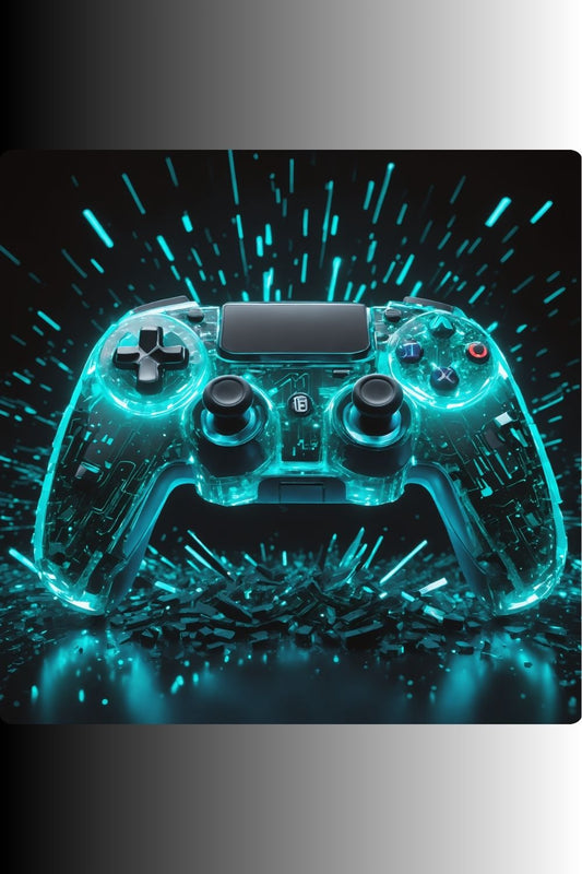 Futuristisches Wandbild eines transparenten Gaming-Controllers, der von innen heraus in hellem Cyan-Blau leuchtet, vor einem dunklen Hintergrund mit Lichteffekten. Acryl