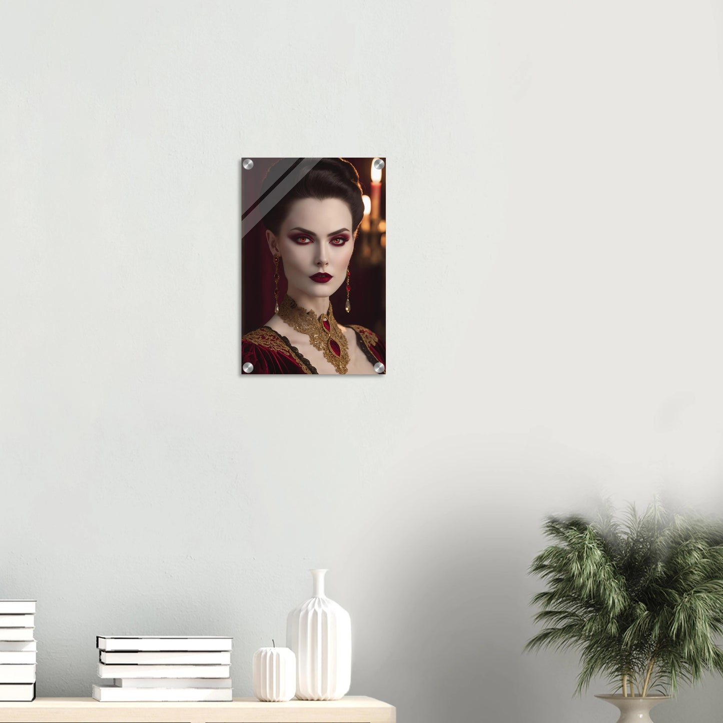 Digitales Porträt einer Frau im Gothic-Stil mit rot leuchtenden Augen, dunklem Haar und opulentem gold-rotem Halsschmuck. 30x45 cm. Acryl