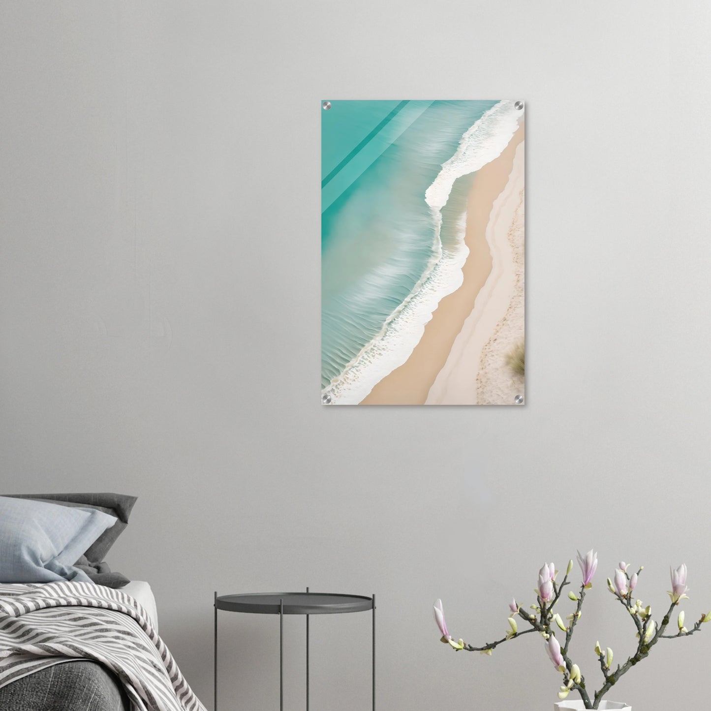 Traumhaftes Strand-Wandbild: Türkisfarbenes Meer und weißer Sand aus der Luftaufnahme. Minimalistisches Küsten-Design für Ihr Zuhause. Jetzt online kaufen! 50x75 cm. Acryl
