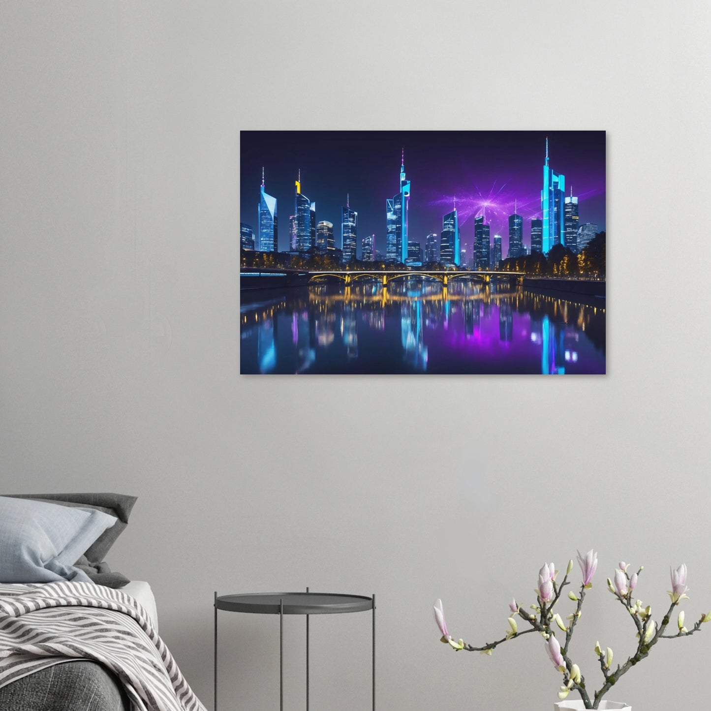 Modernes Wandbild der Frankfurter Skyline bei Nacht mit beleuchteten Wolkenkratzern und violetten Lichteffekten am Himmel. 60x90 cm. Dibond