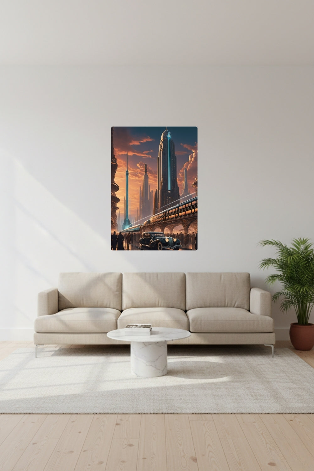 Cineastische Szene einer futuristischen Stadt im Art-Déco-Stil mit einem schwarzen Oldtimer, einem modernen Schnellzug und einer Skyline im goldenen Sonnenuntergang Brushed
