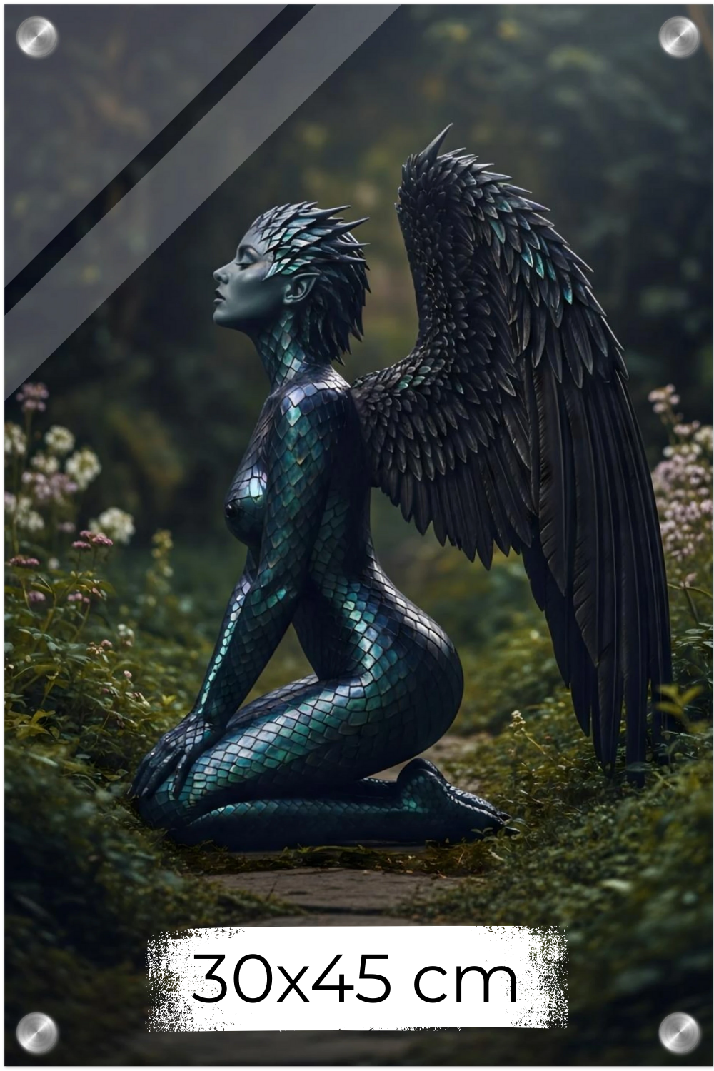 Detailreiches Porträt einer Frau, deren Haut an Wangen und Hals in grüne und goldene Drachenschuppen übergeht. Acryl 30x45 cm