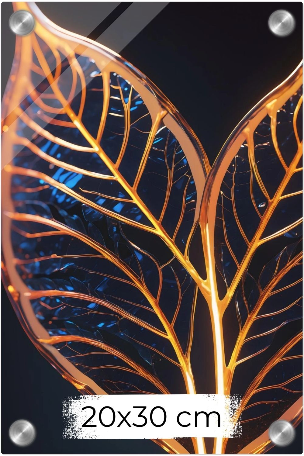 Abstraktes Wandbild mit einer großen goldenen Feder inmitten von fließenden Farbwirbeln in Smaragdgrün und Magenta. Acryl 20x30 cm