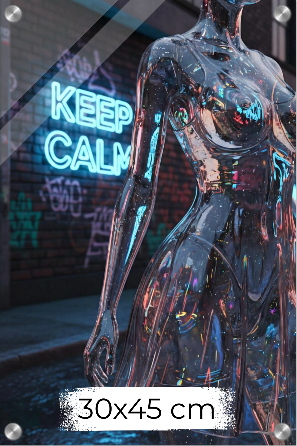 Wandbild einer transparenten Frauenfigur aus Glas vor einer Backsteinwand mit blauem 'Keep Calm' Neonschild. Acryl 30x45 cm