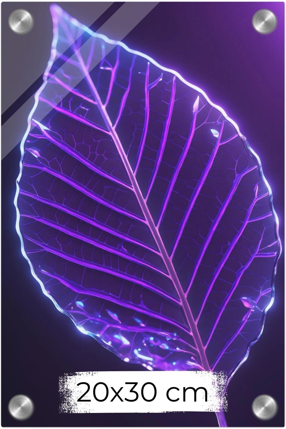 Detailliertes Wandbild eines transparenten Blattes in Glas-Optik mit violett und blau leuchtenden Adern vor einem dunklen Hintergrund. Acryl 20x30 cm
