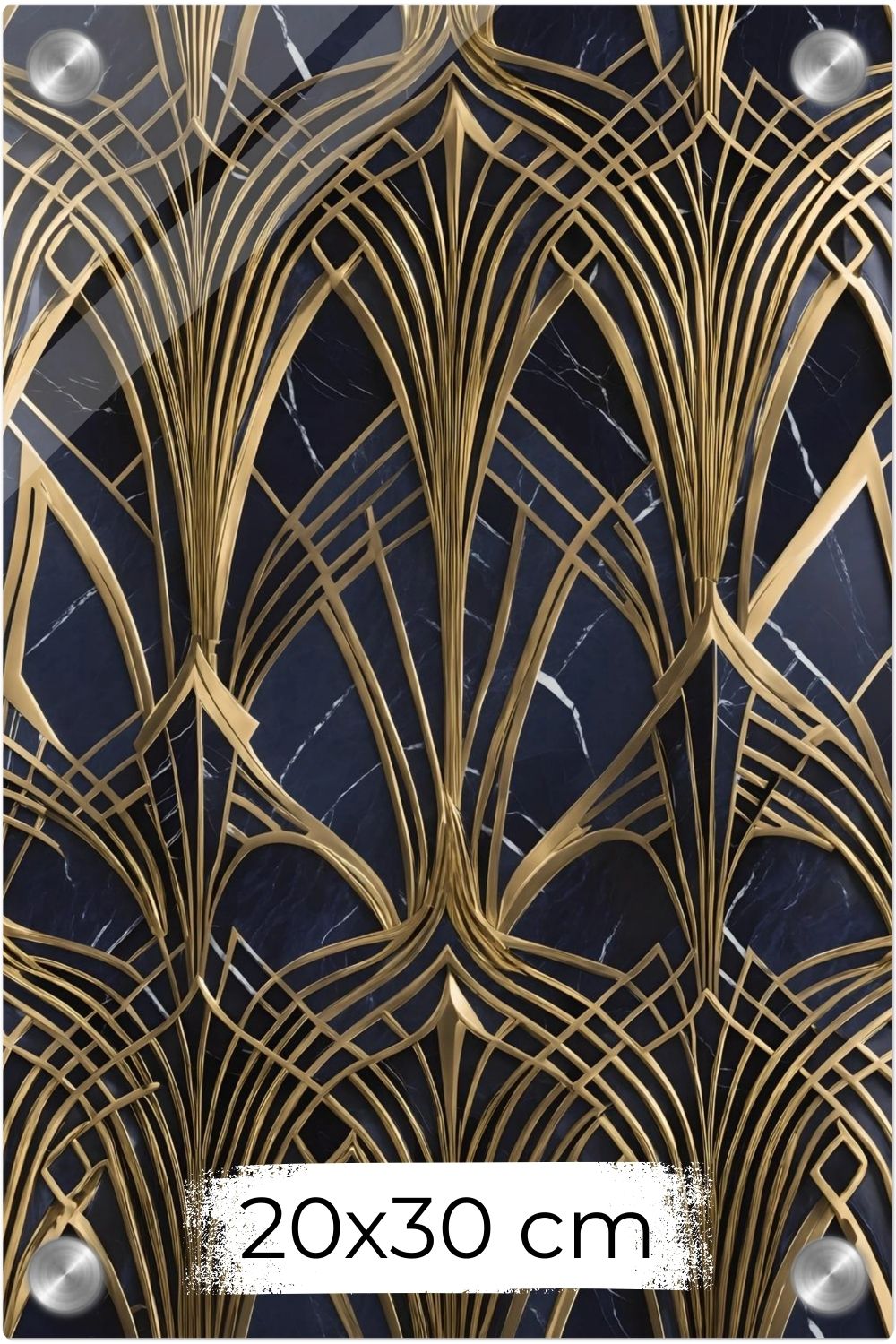 Modernes Wandbild mit goldenen, symmetrischen Art-Déco-Bögen auf einem dunkelblauen, marmorierten Hintergrund. Acryl 20x30 cm