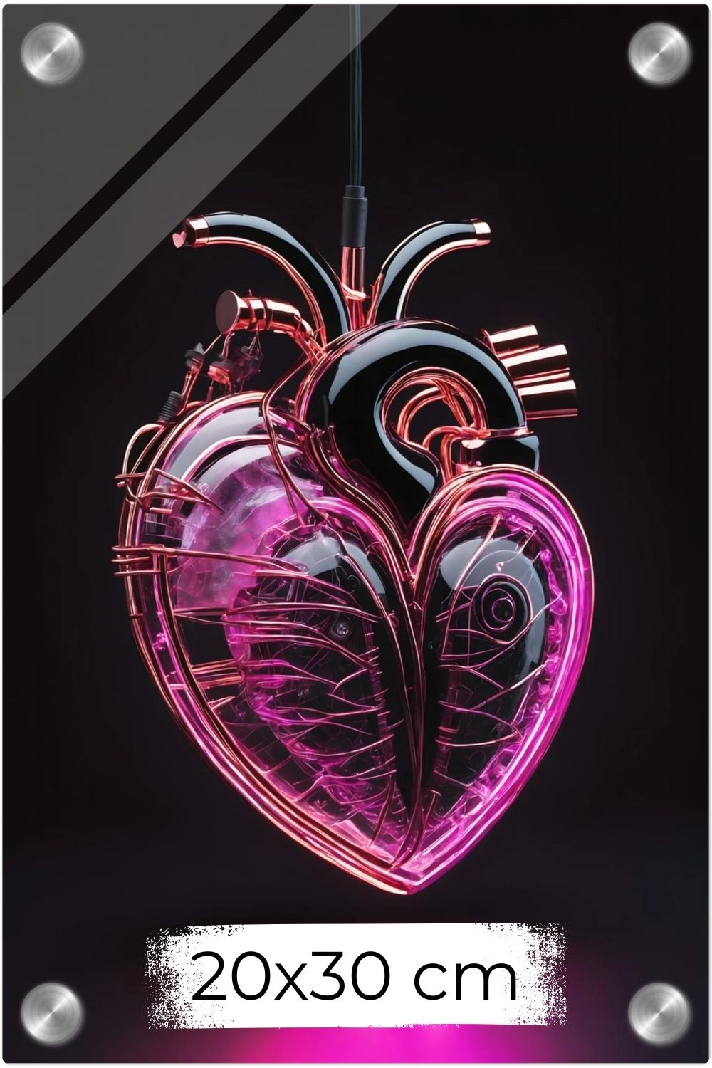 Digitales Kunstwerk eines anatomischen Herzens mit leuchtend pinken Neon-Strukturen und glänzenden schwarzen Oberflächen auf dunklem Grund. Acryl 20x30 cm