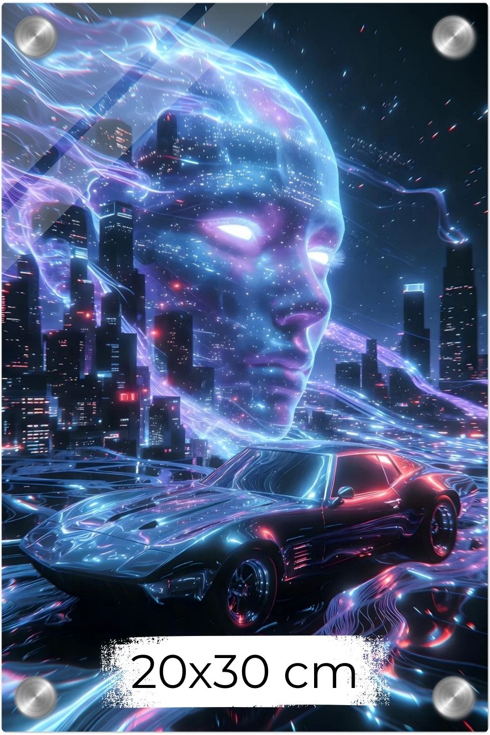 Cyberpunk-Wandbild mit einem Sportwagen auf leuchtenden Datenbahnen vor einer Skyline und dem digitalen Gesicht einer künstlichen Intelligenz. Acryl 20x30 cm