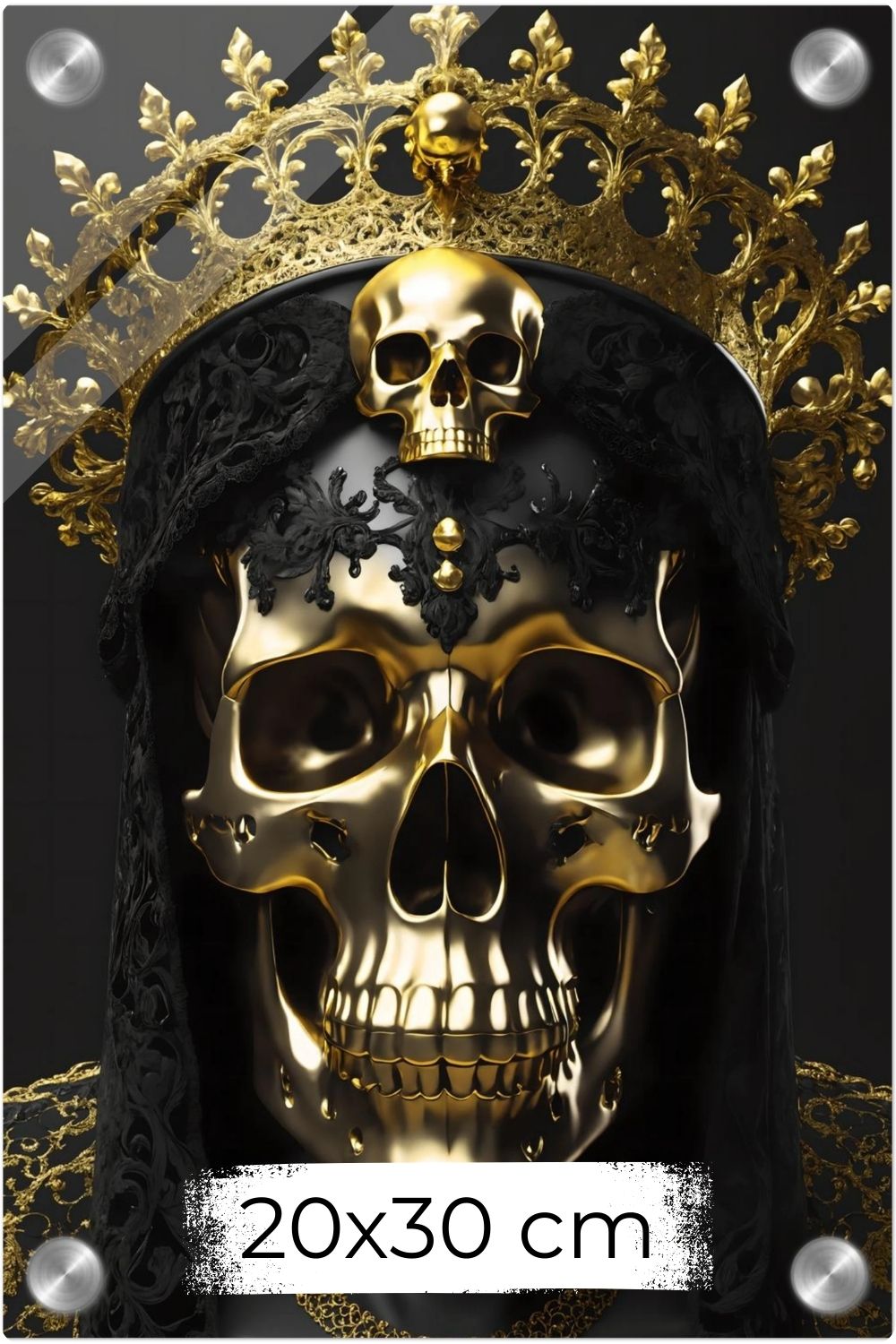 Modernes Wandbild eines golden glänzenden Schädels mit einer großen, filigranen Goldkrone vor dunklem Hintergrund. Acryl 20x30 cm
