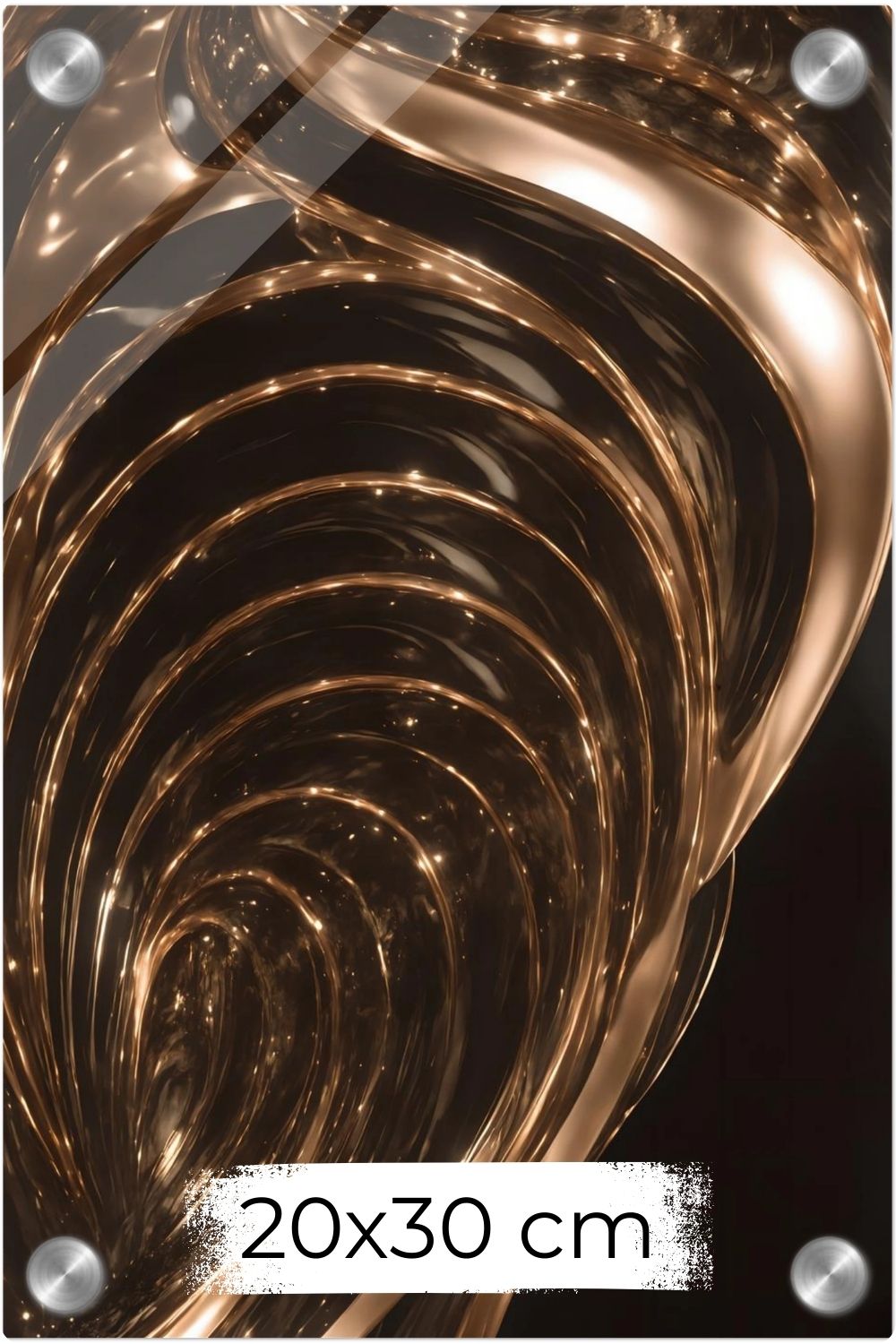 Abstraktes Wandbild mit fließenden, hochglänzenden Wellen aus flüssigem Gold vor einem tiefschwarzen Hintergrund. Acryl 20x30 cm