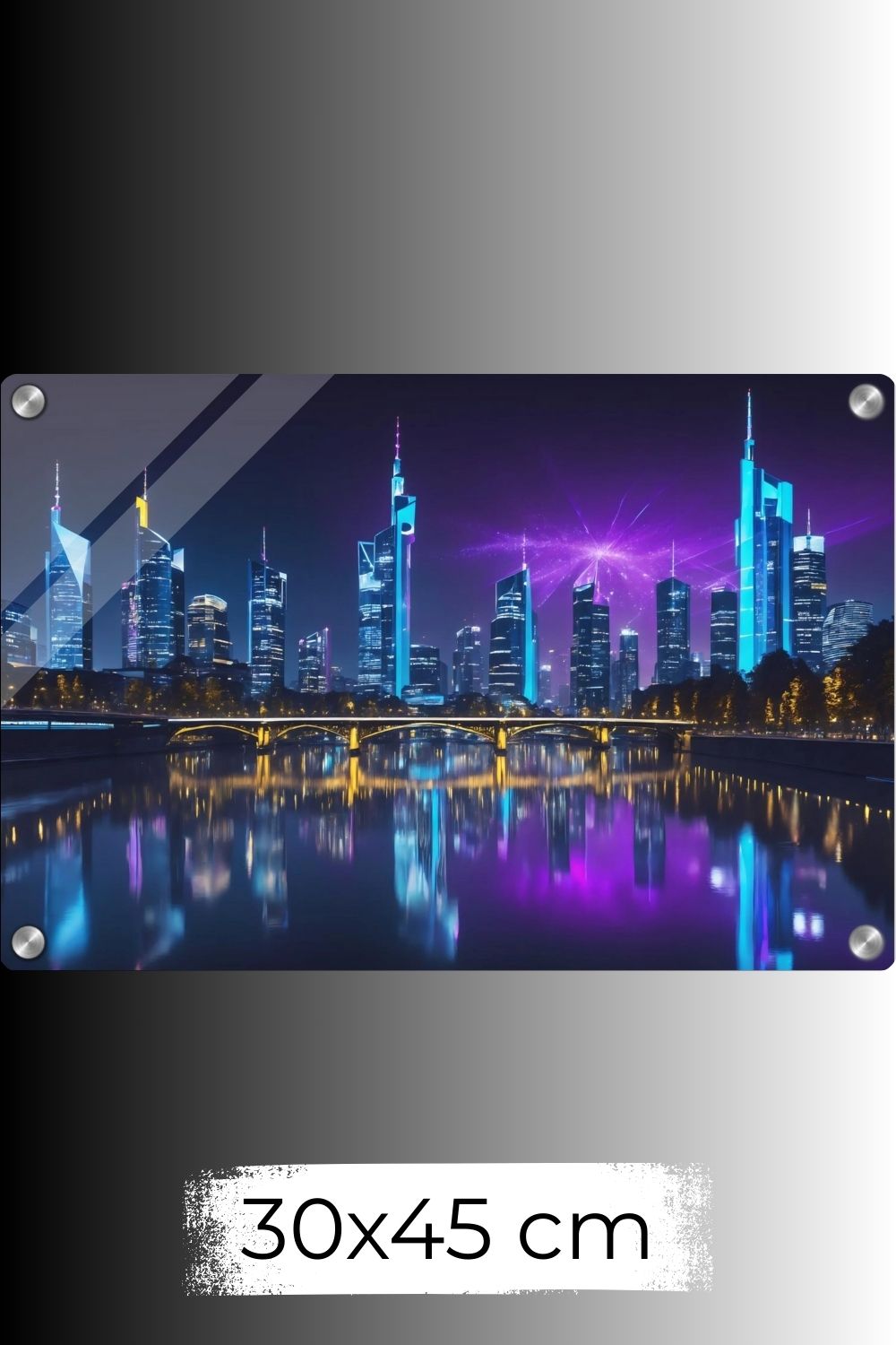 Futuristisches Wandbild der Frankfurter Skyline bei Nacht mit neonblauen Hochhäusern und violetten Lichtreflexionen auf dem Main. 30x45 cm Acryl