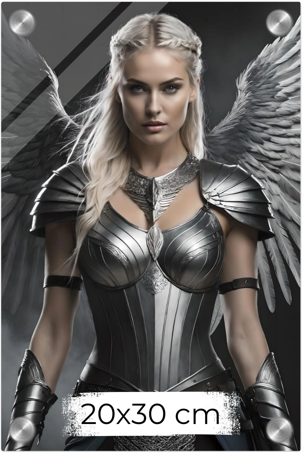 Cineastisches Fantasy-Wandbild einer majestätischen Walküre in glänzender Silberrüstung mit großen, detaillierten Metallflügeln vor dunklem Hintergrund. Acryl 20x30 cm