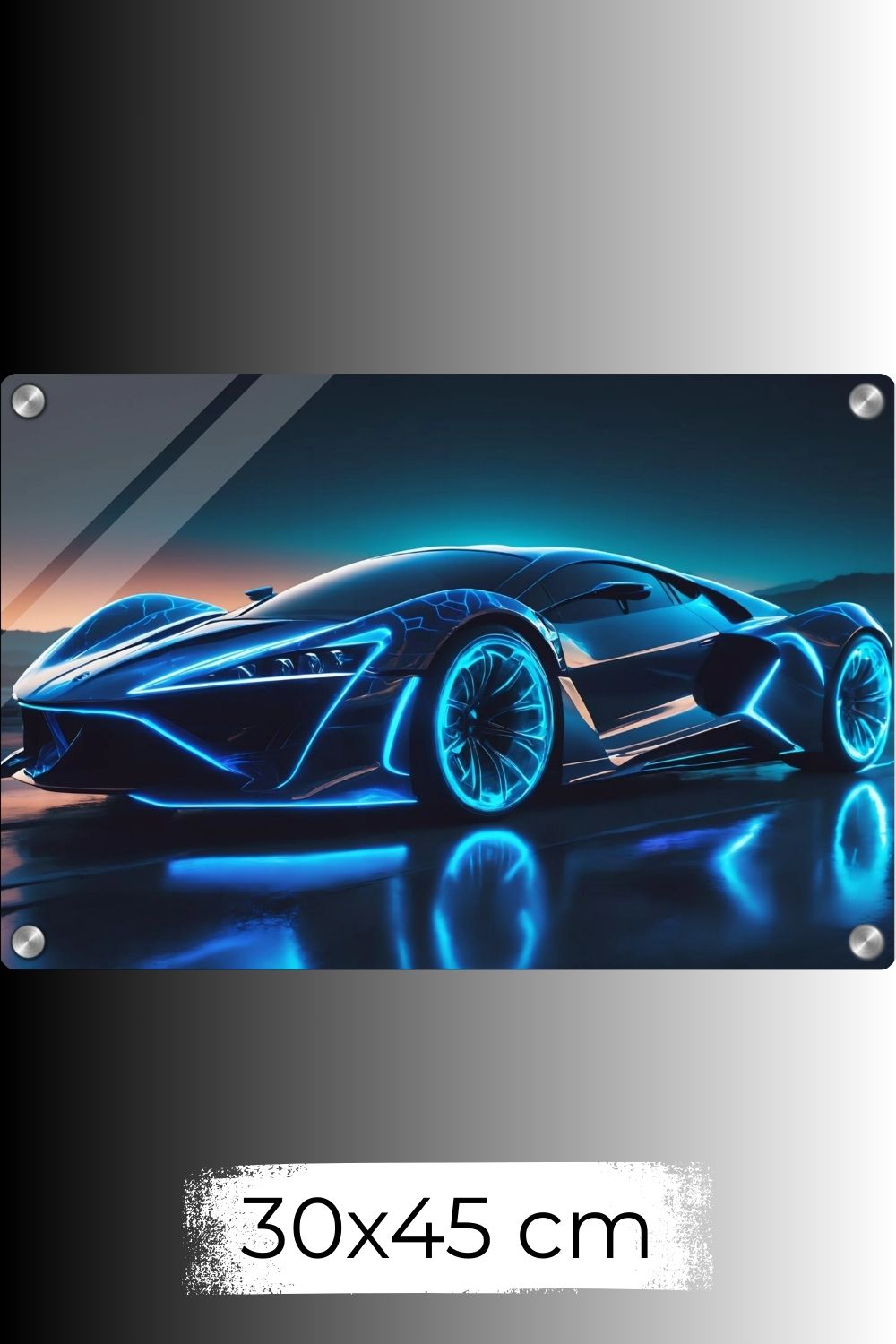 Futuristisches Hypercar-Wandbild in Schwarz mit leuchtend blauen Neon-Konturen und glühenden Felgen auf nasser Fahrbahn bei Nacht. 60x90 cm. Acryl 30x45 cm