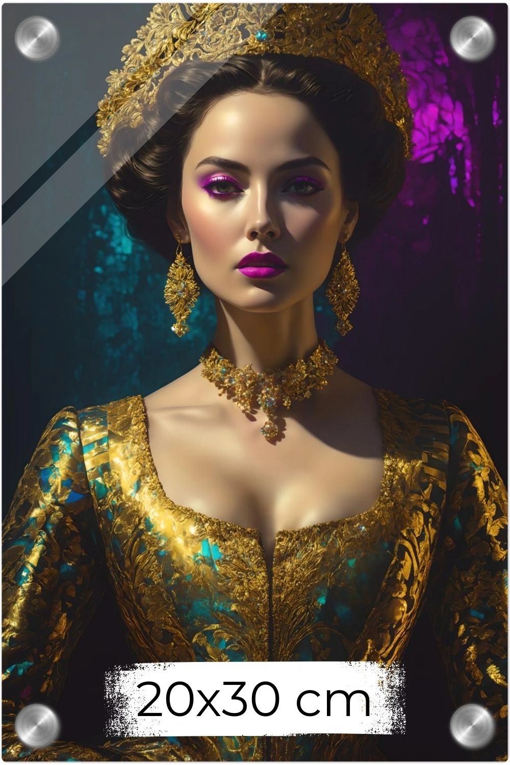 Digitales Porträt einer barocken Königin in Gold und Türkis mit deutlich sichtbaren, künstlerischen Glitch-Effekten und Pixelfehlern. Acryl 20x30 cm