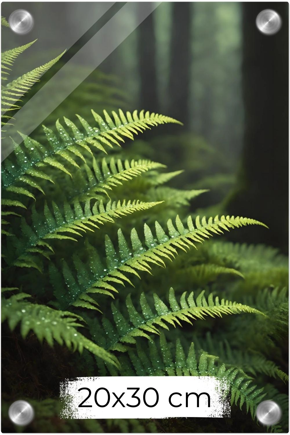 Nahaufnahme von grünen Farnwedeln mit Tautropfen in einem dichten, nebligen Wald mit weichem Hintergrund. Acryl 20x30 cm
