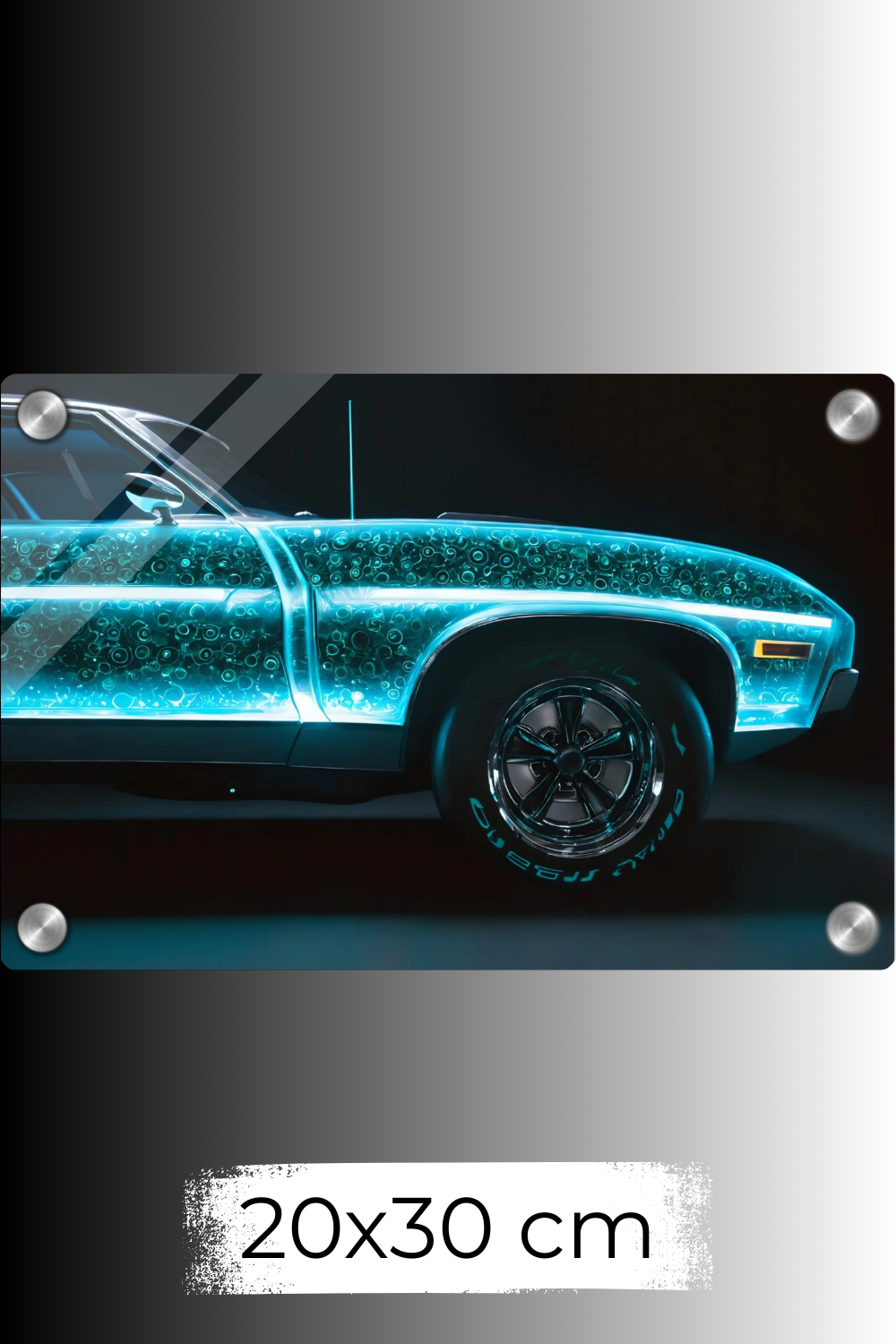 Tradition trifft Zukunft: „Neon Heritage“ zeigt ein klassisches Auto mit leuchtendem High-Tech-Kern. Einzigartiges Design für Technik-Fans bei Gudekind. Acryl 20x30 cm