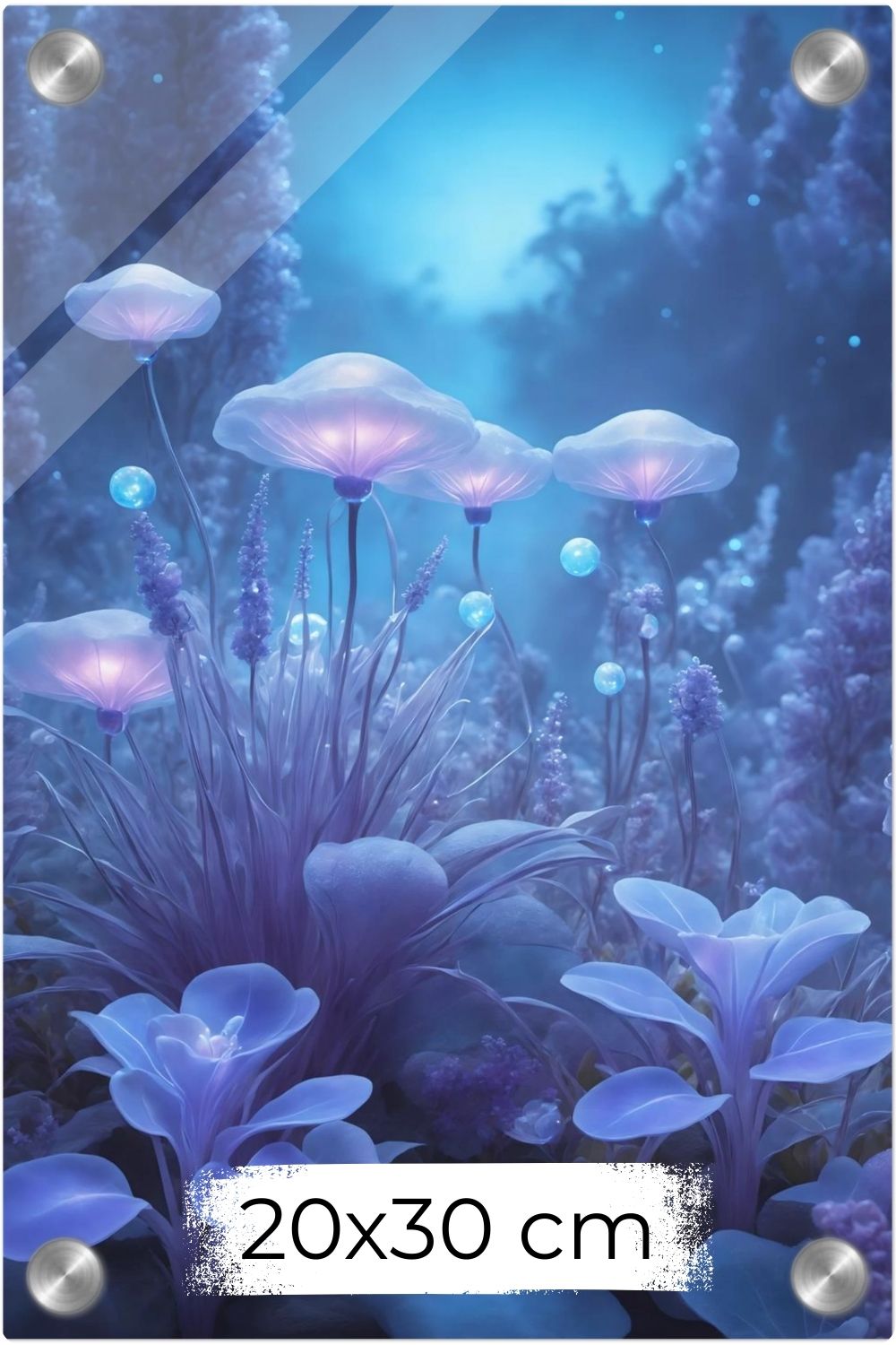 Digitales Kunstwerk einer fantastischen Waldlandschaft mit biolumineszenten, blau leuchtenden Pilzen und Blumen in sanftem Licht. Acryl 20x30 cm