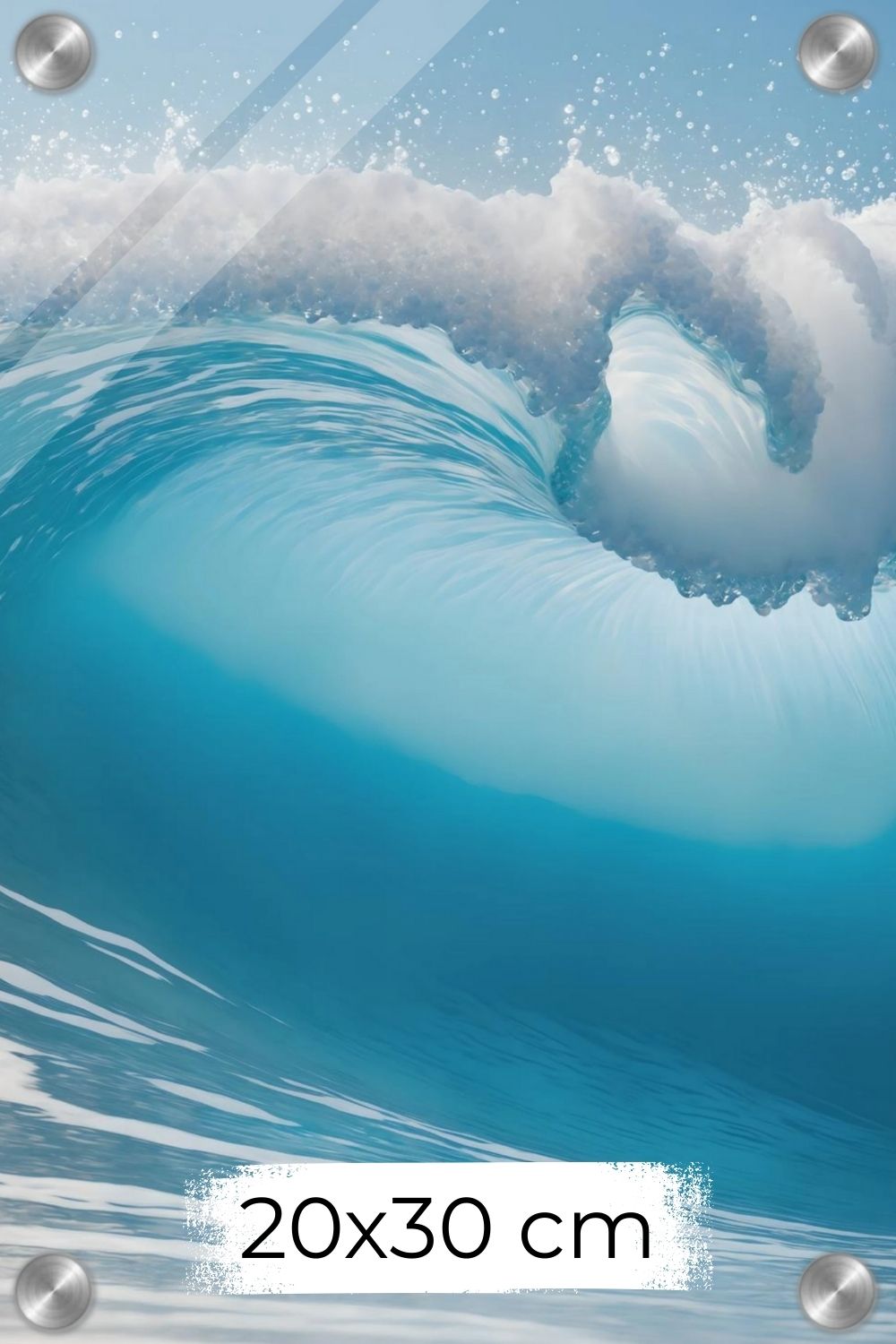 Hochwertiges Wandbild einer großen, brechenden Meereswelle in hellem Türkis mit weißer Gischt unter klarem Himmel. Acryl 20x30 cm