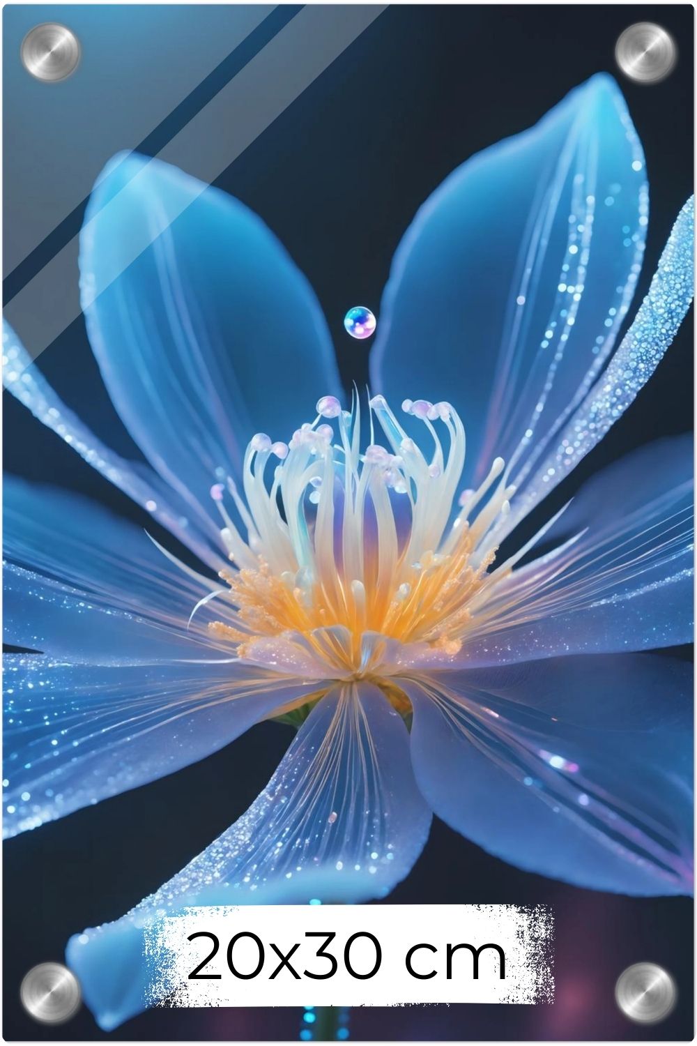 Digitales Wandbild einer blau leuchtenden Blüte mit goldenem Kern und schimmernden Lichtpartikeln auf dunklem Grund. Acryl 20x30 cm