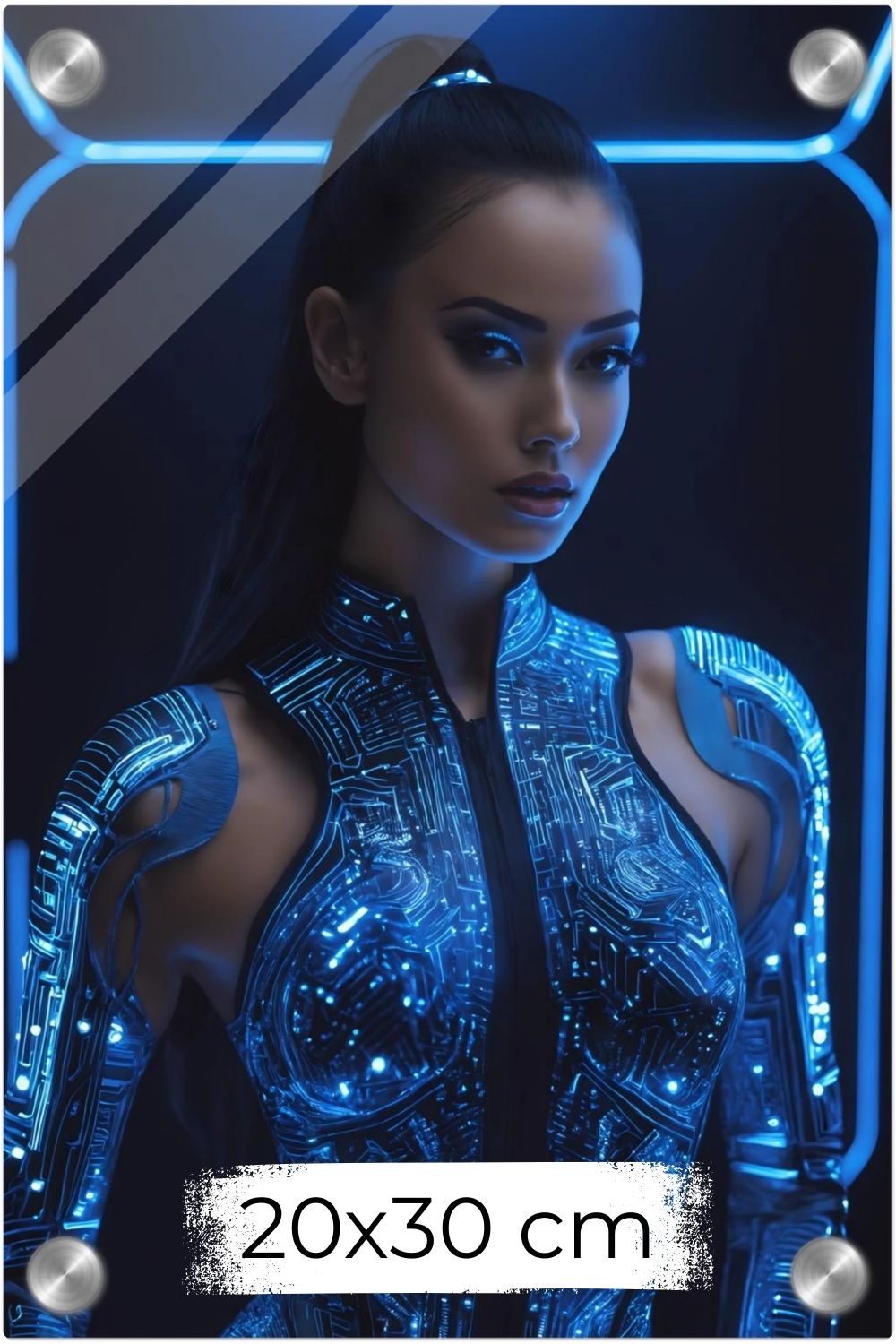 Digitale Eleganz: „Cyber Queen“ fasziniert durch leuchtende Schaltkreise & futuristisches Design. Jetzt als exklusives Wandbild bei Gudekind bestellen. Acryl 20x30 cm