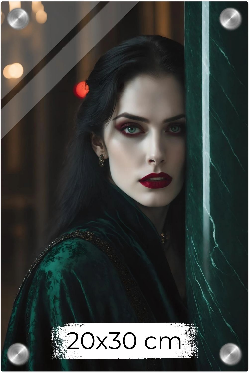 Aristokratisches Porträt einer Frau in grünem Samt an einer Marmorsäule mit roten Lippen. Acryl 20x30 cm