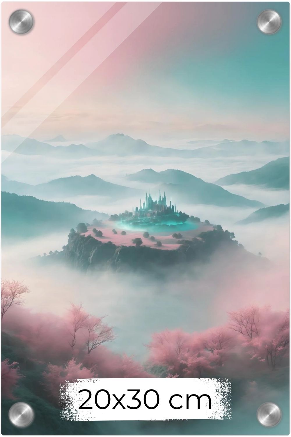 Ein Ort der Ruhe: „Celestial Sanctuary“ zeigt ein magisches Schloss über den Wolken in Rosé & Türkis. Exklusive Fantasy-Kunst für Ihr Zuhause bei Gudekind. Acryl 20x30 cm