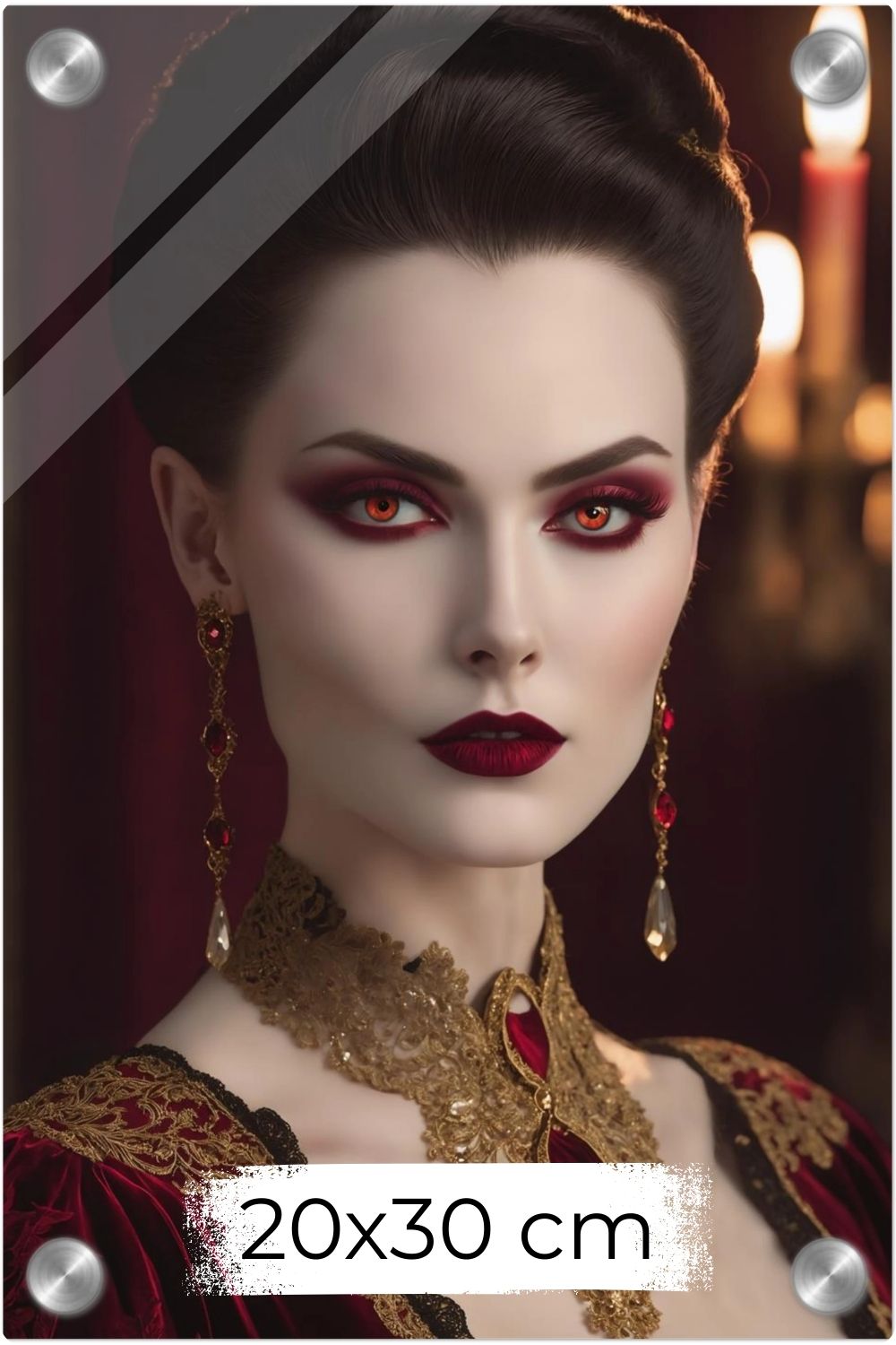 Elegantes Porträt einer Frau im aristokratischen Stil mit roten Augen, rotem Samtkleid und opulentem Goldschmuck vor einem dunklen Hintergrund. Acryl 20x30 cm