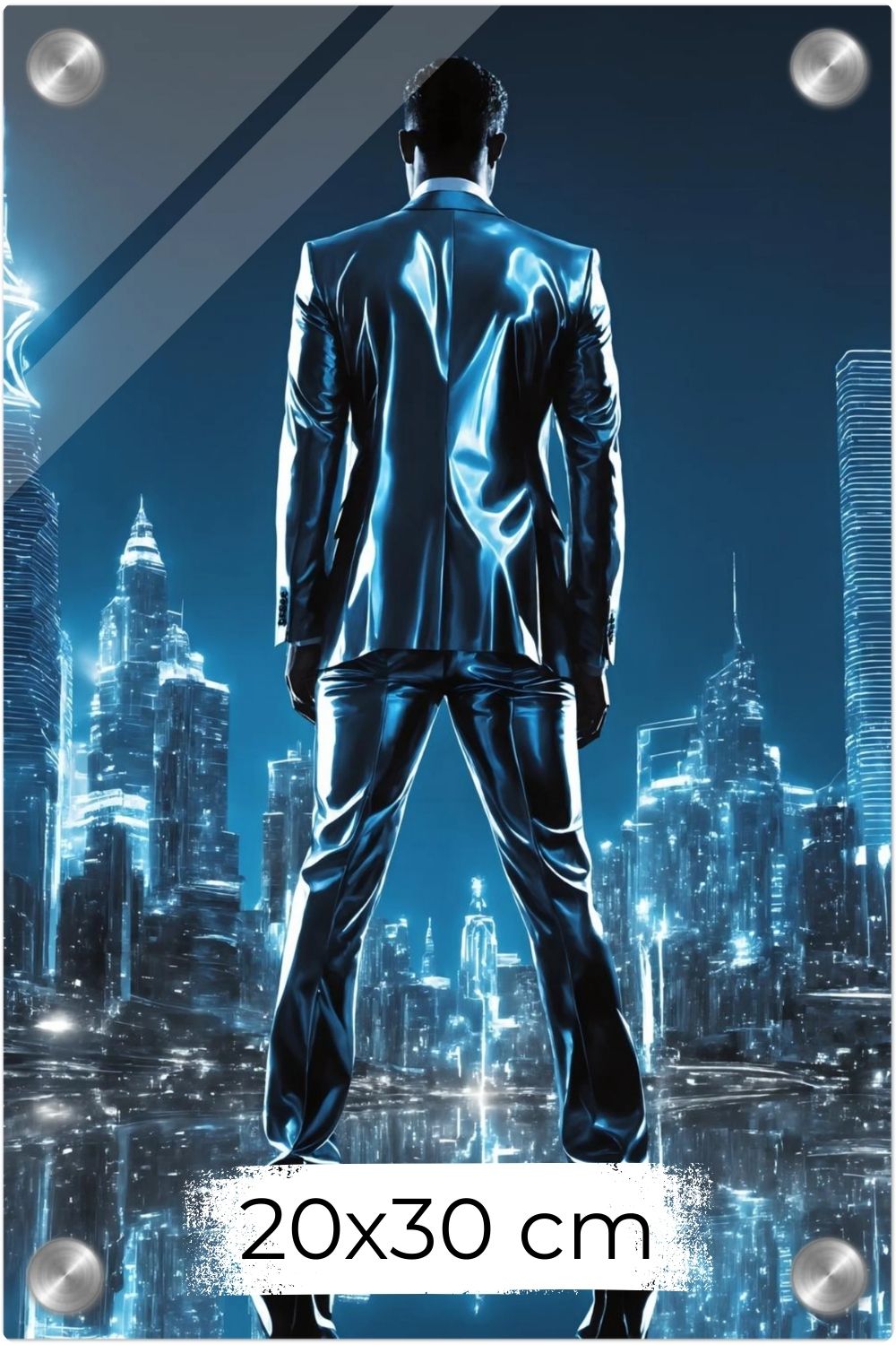 Erfolg visualisiert: „Liquid Ambition“ zeigt einen Mann in Metall-Optik vor einer strahlenden Skyline. Kraftvolle Kunst für Ihr Büro bei Gudekind. Acryl 20x30 cm