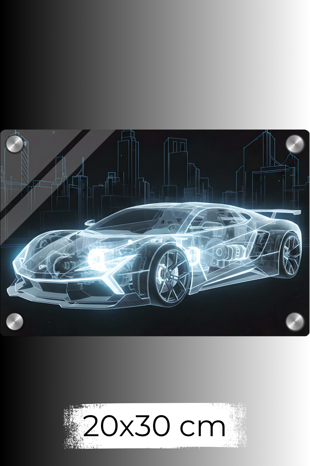 Futuristisches Wandbild eines transparenten, blau leuchtenden Supersportwagens in Blueprint-Optik vor einer skizzierten Stadt-Skyline. Acryl 20x30 cm