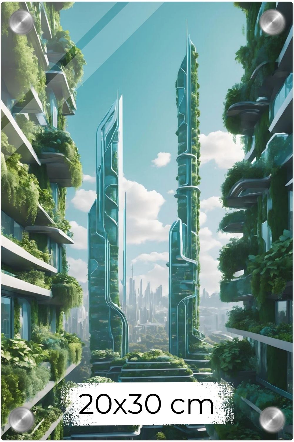 Die Stadt der Zukunft: „Urban Utopia“ vereint moderne Architektur mit üppiger Natur. Ein visionäres Wandbild für Ihr Zuhause. Jetzt bei Gudekind bestellen. Acryl 20x30 cm