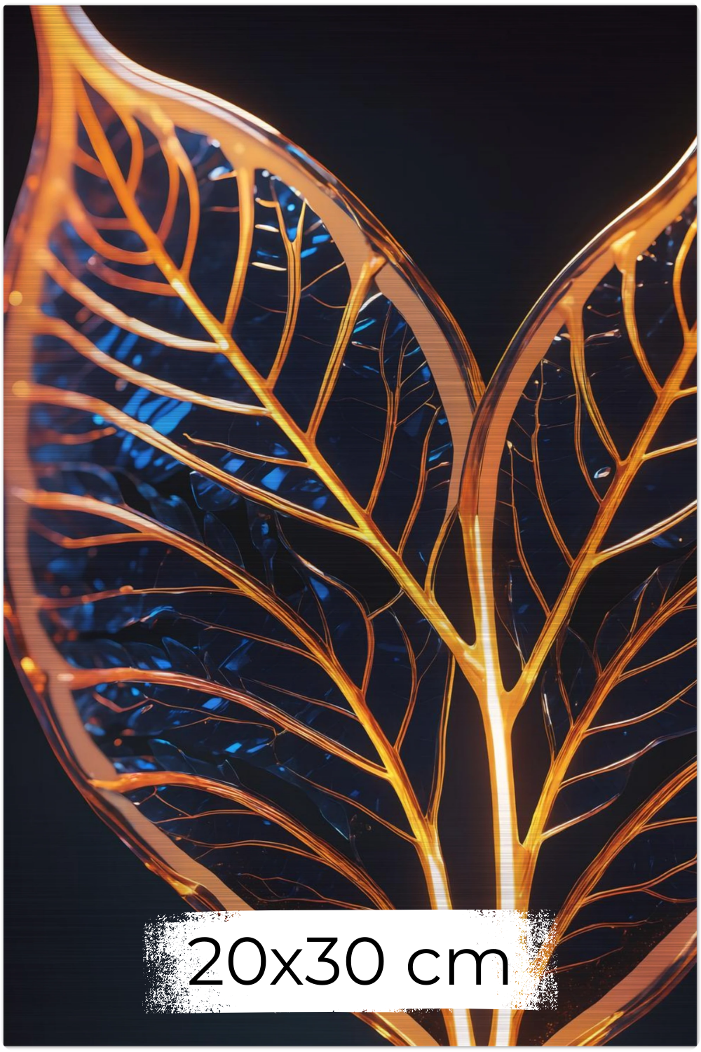 Abstraktes Wandbild mit einer großen goldenen Feder inmitten von fließenden Farbwirbeln in Smaragdgrün und Magenta. Brushed 20x30 cm