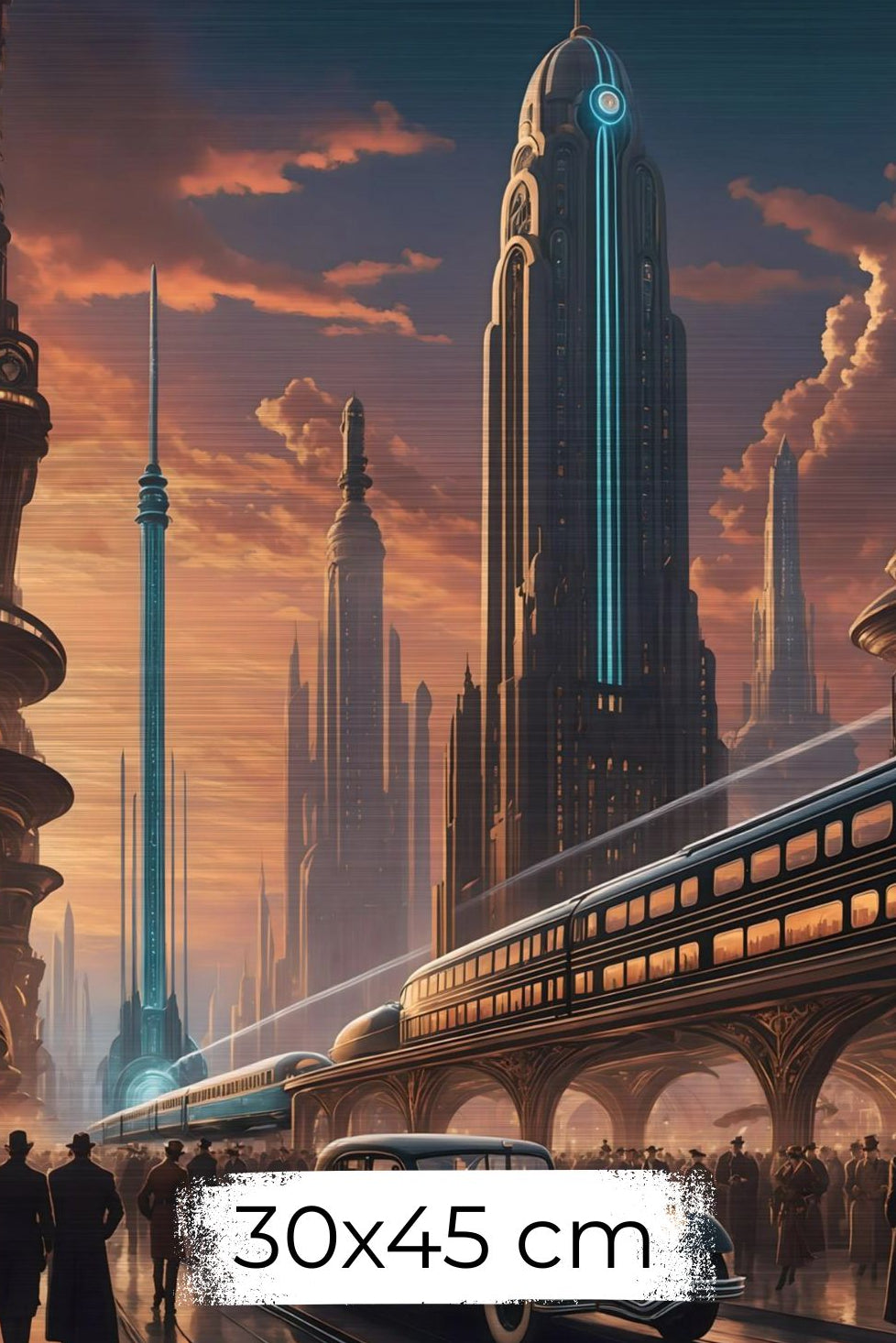 Cineastische Szene einer futuristischen Stadt im Art-Déco-Stil mit einem schwarzen Oldtimer, einem modernen Schnellzug und einer Skyline im goldenen Sonnenuntergang Brushed 30x45 cm