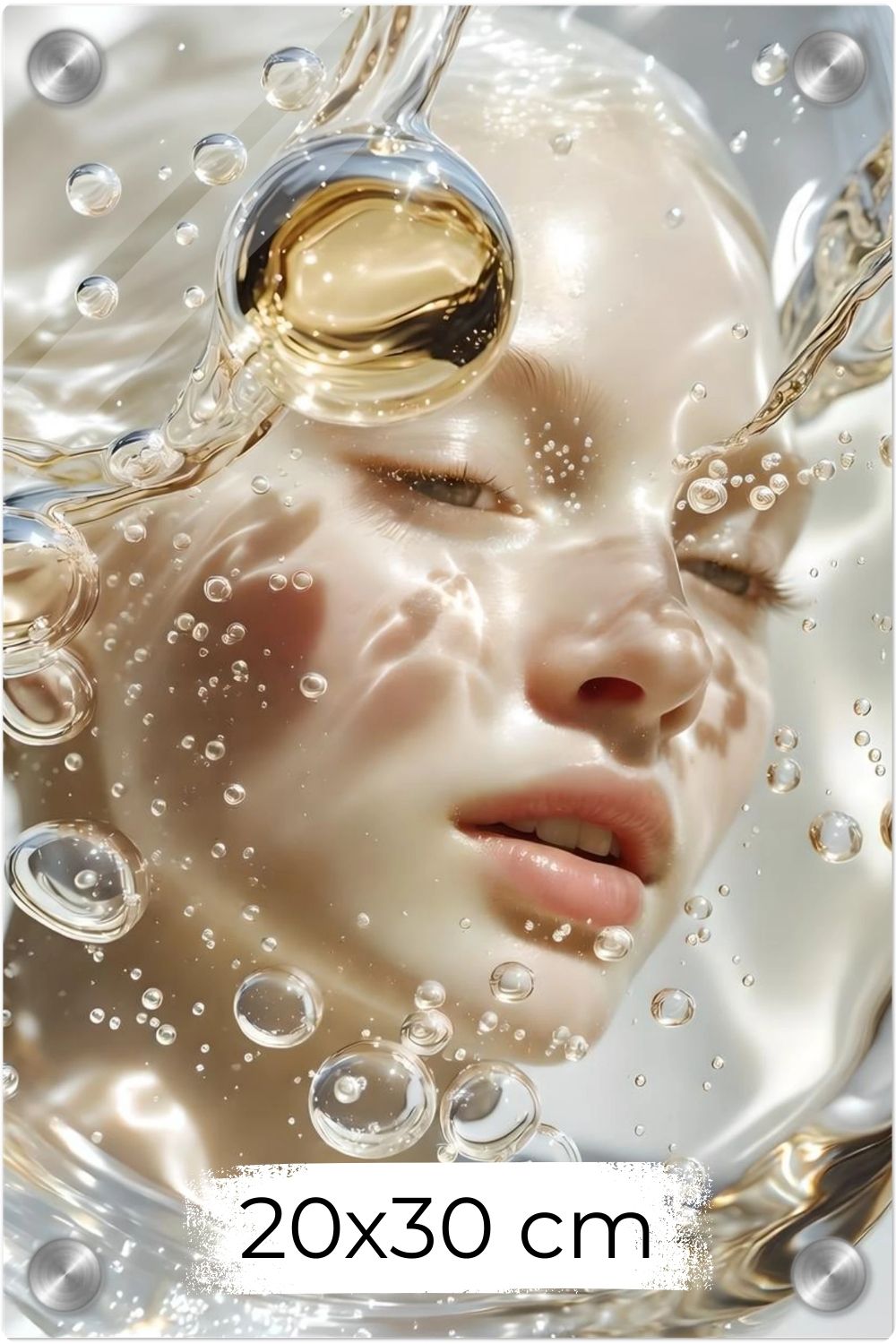 Surreales Porträt einer Frau hinter klarem Wasser mit vielen aufsteigenden Luftblasen, Wassertropfen und hellen Lichtreflexen. Acryl 20x30 cm